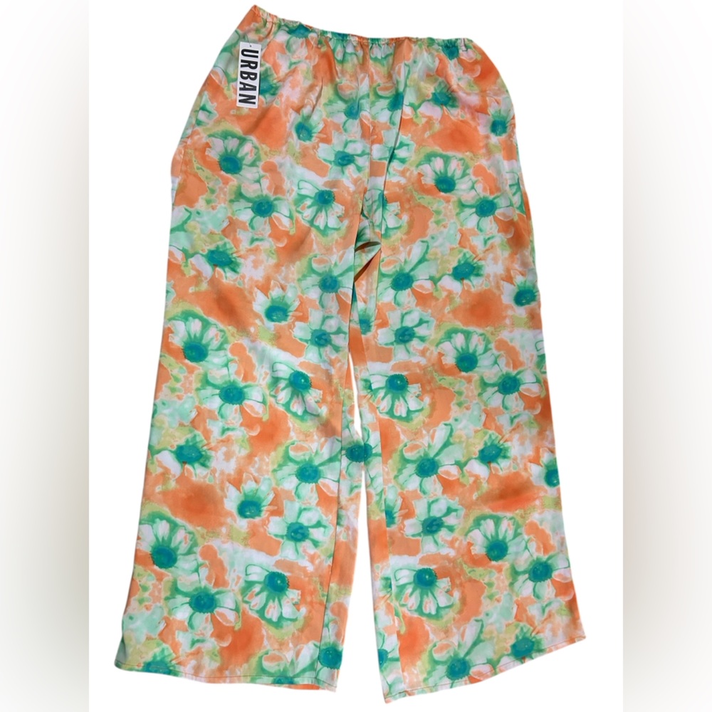 Urban Outfitters dopamine Jenna floral satin wide leg pull-on pants orange green - Picture 2 of 5
